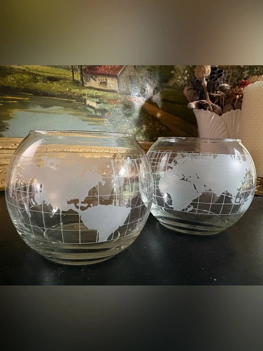 VTG Etched Glass World Globe Oil Candle Base Set of 2 (No Wicks, No Oil)
